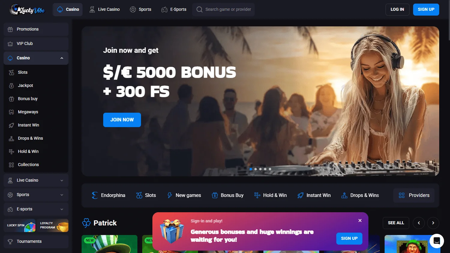 Lucky Vibe Casino desktop home screen with casino, live and sports options
