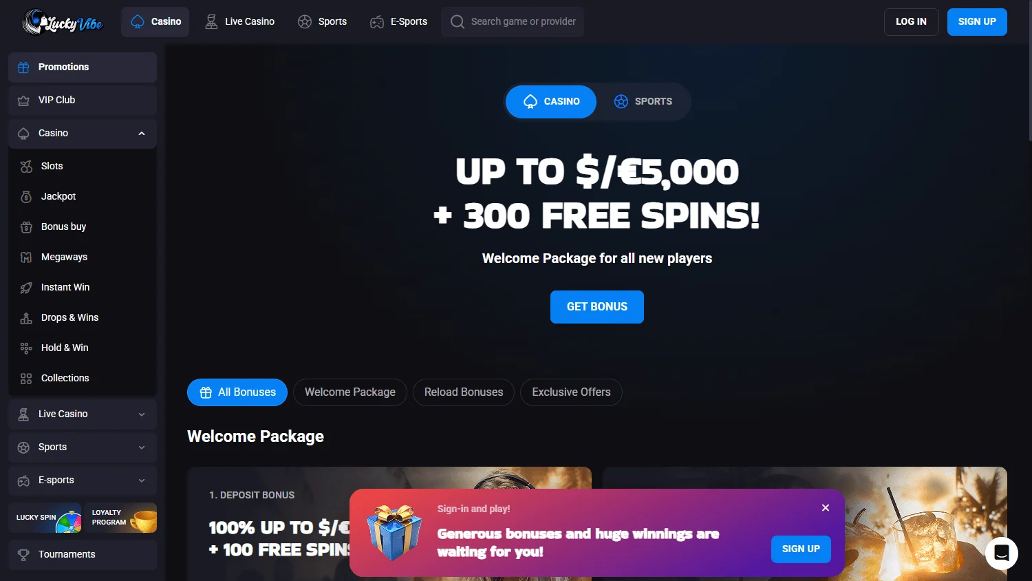 Lucky Vibe Casino desktop promotions area with welcome and recurring offers