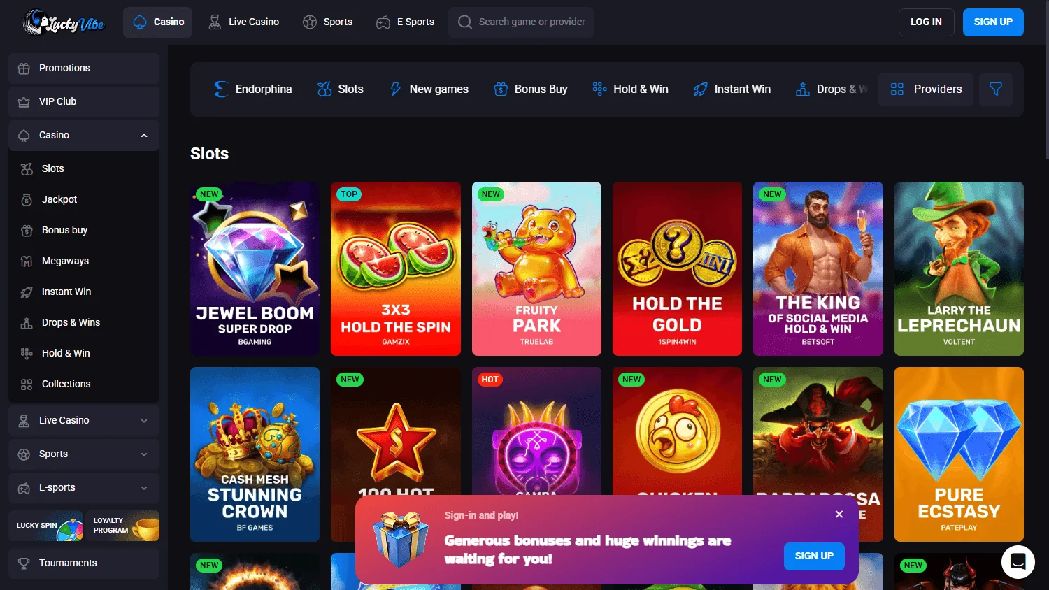 Lucky Vibe Casino desktop games area with slots and casino categories